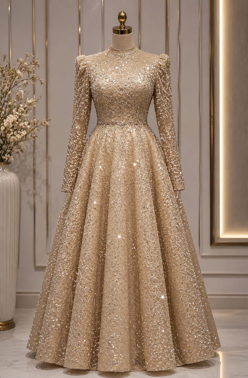 Elegant Sparkle Evening Dress in a beige shade