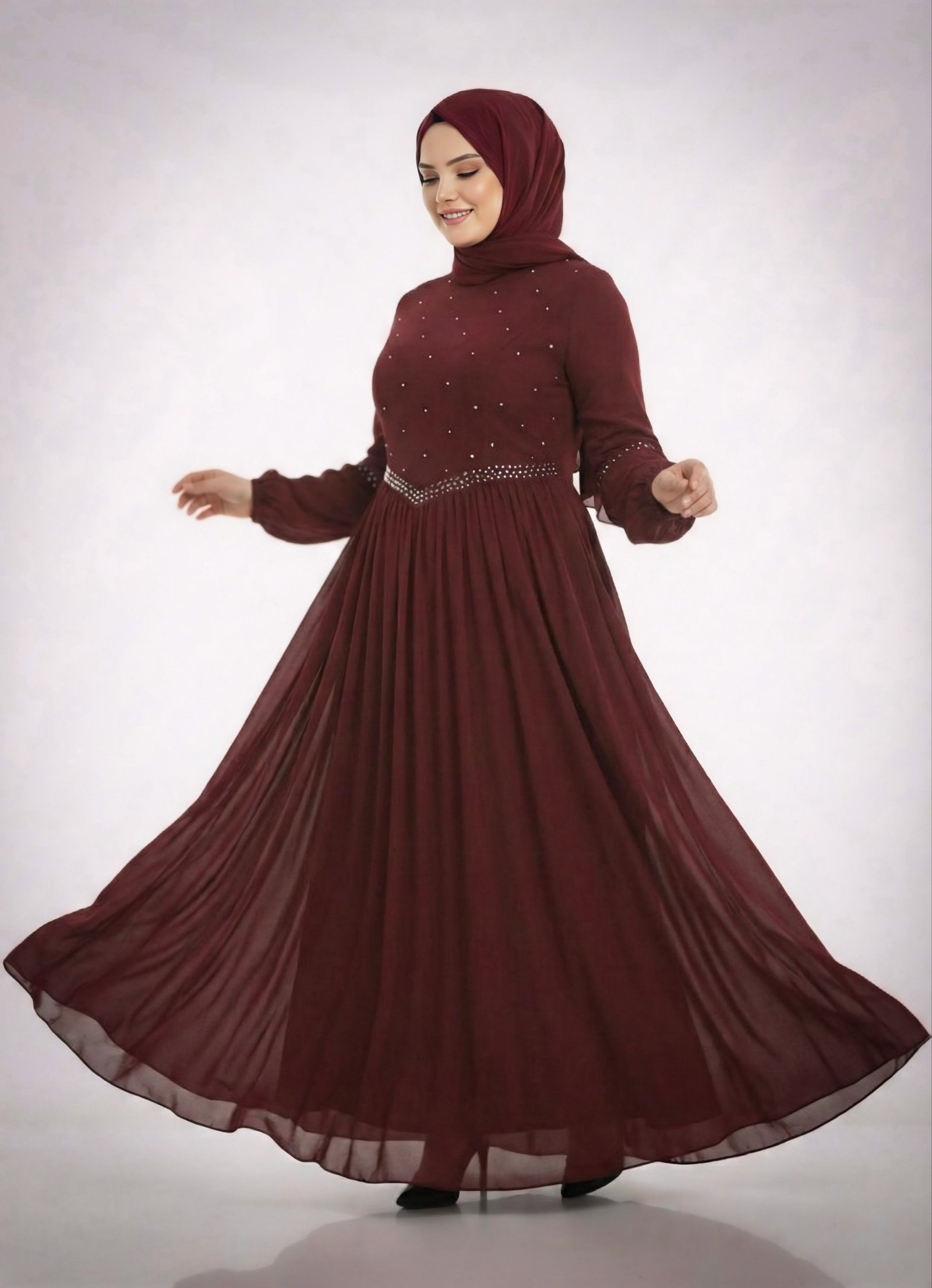 Maroon Pearl Embellished Evening Gown - 2