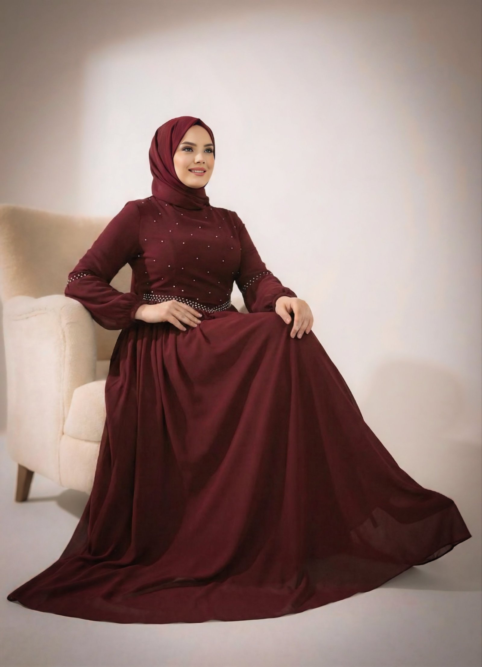 Maroon Pearl Embellished Evening Gown - 3